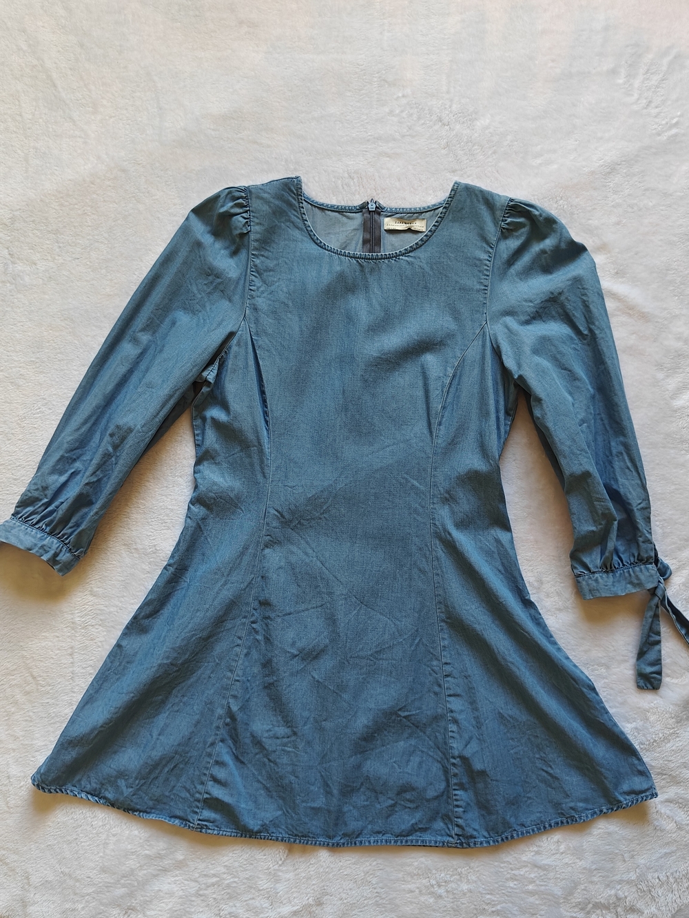 Zara Premium Denim Collection Mini Dress Soft Long Sleeve Tie Blue Jean M